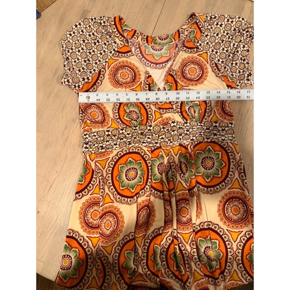 Boho Medallion Print V-Neck Empire Waist Mini Dress Orange Green Cream - Picture 3 of 4